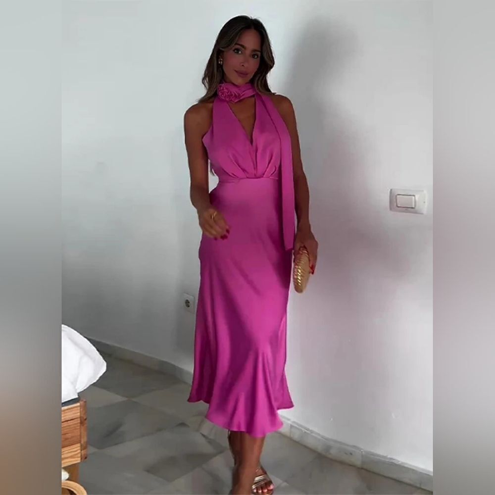 NWT ZARA FLORAL SATIN EFFECT MIDI DRESS pink - Picture 8 of 17